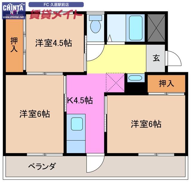 ヴィラナリー津 A棟(3K/2階)の間取り写真