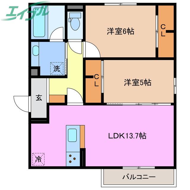 ディーソルビア石塚町 B(2LDK/2階)の間取り写真