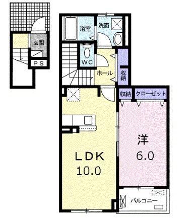 オランジュ・ウエスト(1LDK/2階)の間取り写真