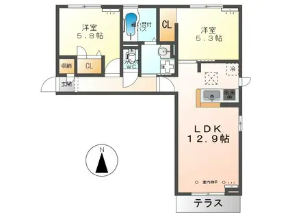 トリシア八幡(2LDK/1階)の間取り写真