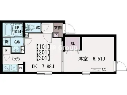 イクシオ竹の塚(1DK/1階)の間取り写真