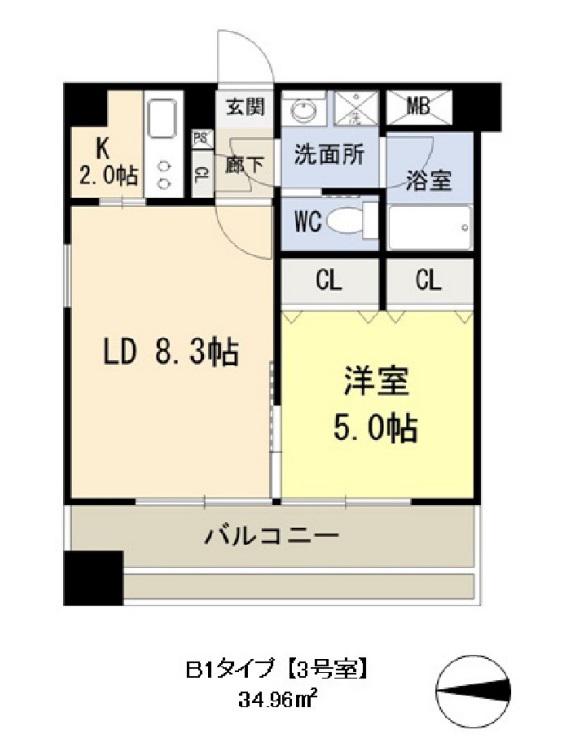 ドゥーエ谷町(1LDK/3階)の間取り写真