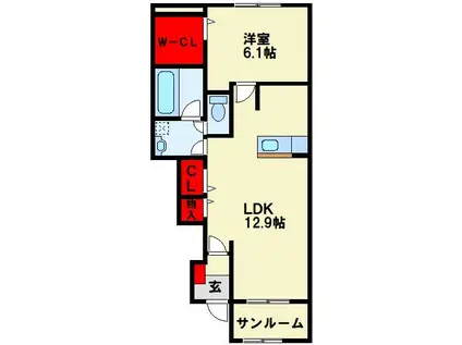 ティーダ感田B(1LDK/1階)の間取り写真