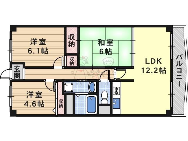 レジデンシア北田辺(3LDK/2階)の間取り写真