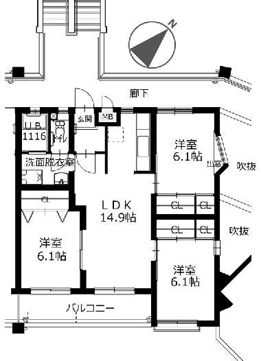 グランヴィル高良内(3LDK/4階)の間取り写真