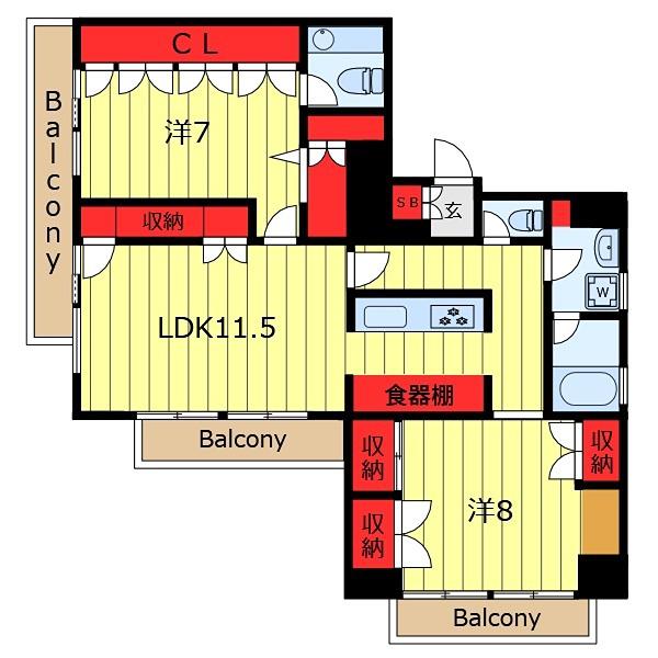 グランド・オーク(2LDK/11階)の間取り写真