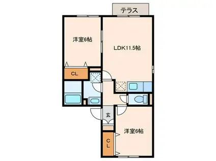 ラフィーネ二ツ屋(2LDK/1階)の間取り写真