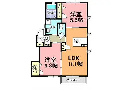 カサベルテもみじ谷 F棟(2LDK/2階)の間取り写真