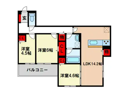 トリシア 東大利(3LDK/2階)の間取り写真
