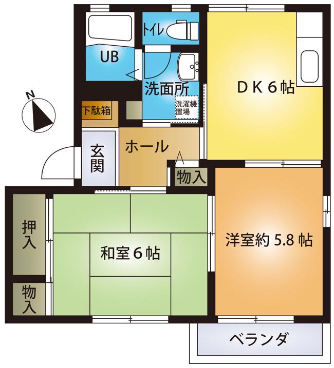 ソレアード花の木B棟(2DK/2階)の間取り写真