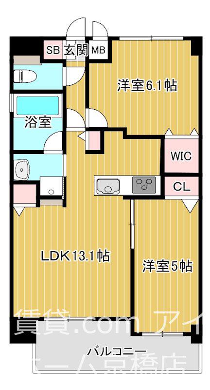 グラマシー京橋(2LDK/14階)の間取り写真