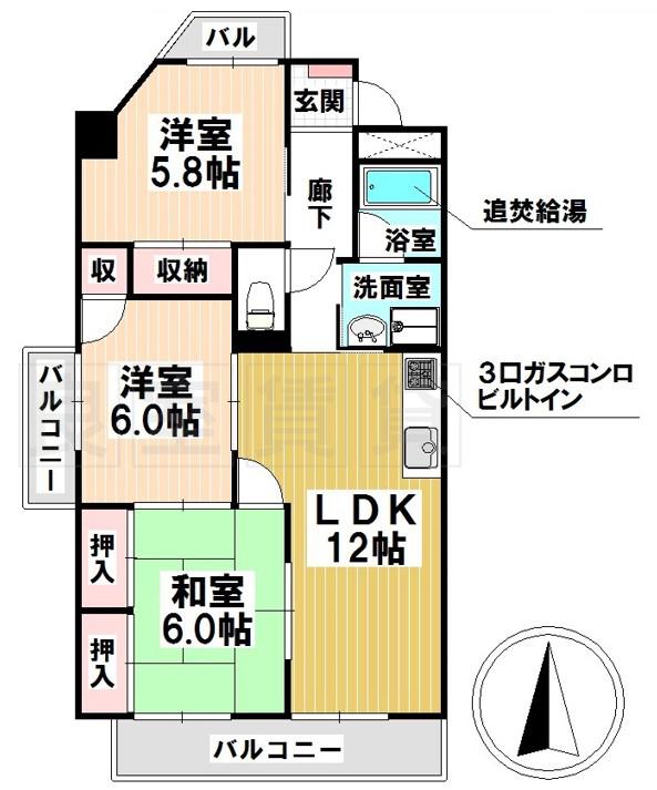 グランデール鶴田(3LDK/3階)の間取り写真
