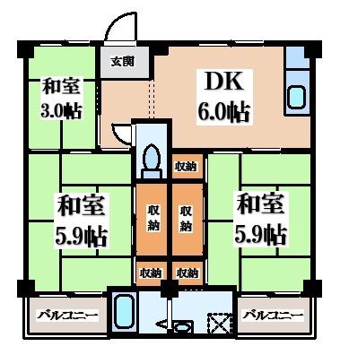 ビレッジハウス倉治(3DK/4階)の間取り写真