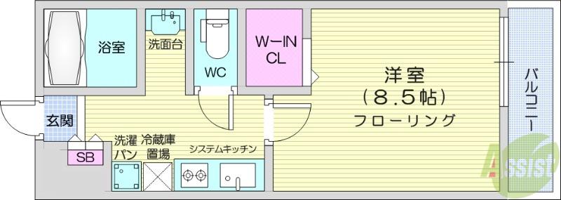 ウルス宮城野(1K/3階)の間取り写真