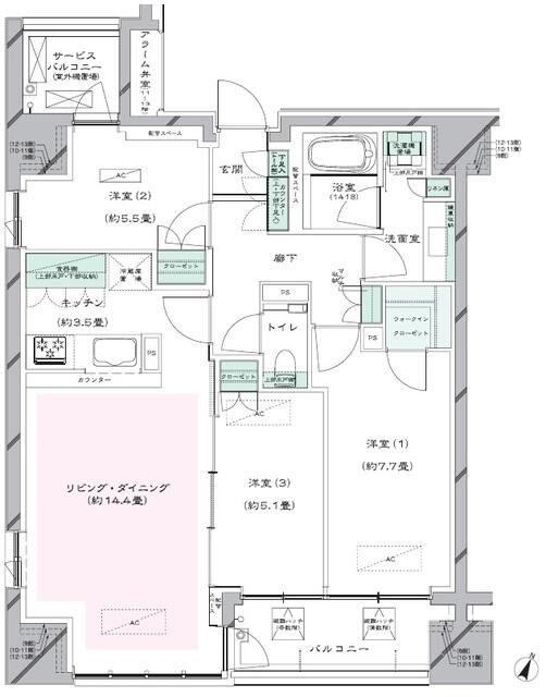 レジデンス二番町(3LDK/13階)の間取り写真