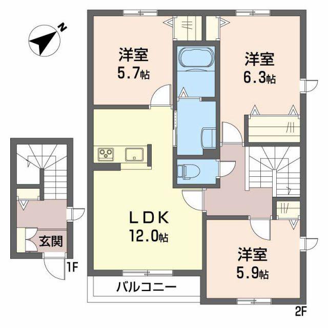 アルトーレ カーサ B棟(3LDK/2階)の間取り写真