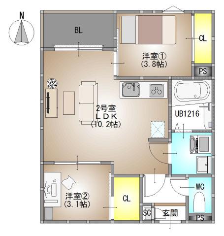 REGALEST 伊島I(2LDK/1階)の間取り写真
