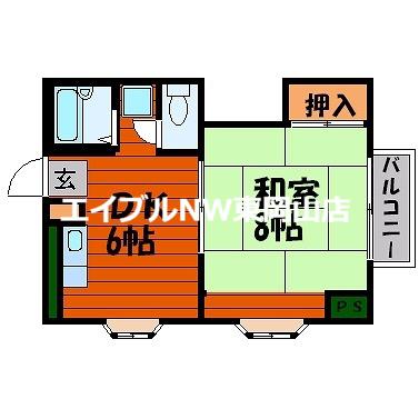 グリンベルI(1DK/2階)の間取り写真