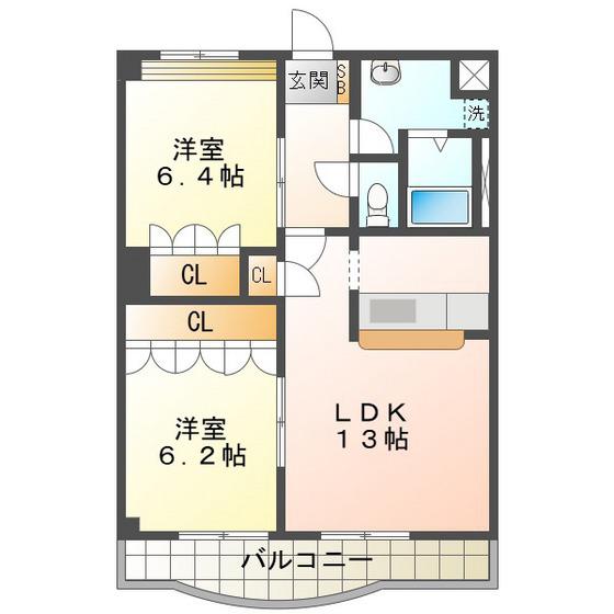 サンドリームB(2LDK/2階)の間取り写真