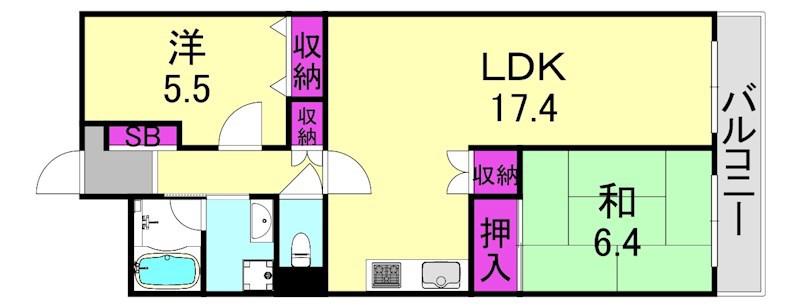 ベルヴィ甲東園(2LDK/2階)の間取り写真