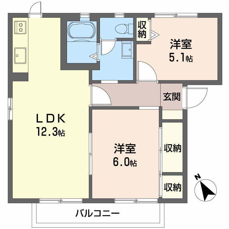 ローズタウン 1番館・2番館(2LDK/2階)の間取り写真
