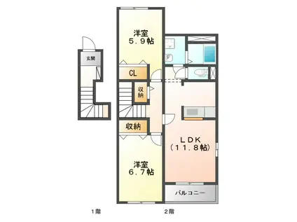 スターウェーブ千代崎(2LDK/2階)の間取り写真