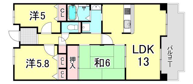 白鷹香枦園マンション(3LDK/3階)の間取り写真