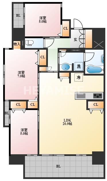 ビバシティ万屋町(3LDK/6階)の間取り写真