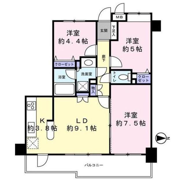 ボヌール八王子(3LDK/5階)の間取り写真