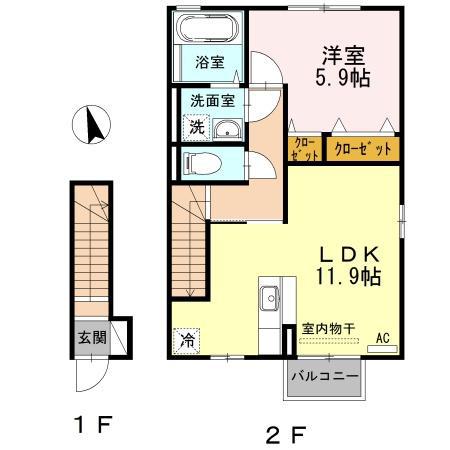 リクラ・クレマチス B棟(1LDK/2階)の間取り写真