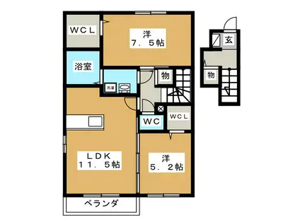 ラフィーネ・デュオII B棟(2LDK/2階)の間取り写真