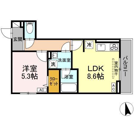 D-ROOM GRASS 中町(1LDK/2階)の間取り写真