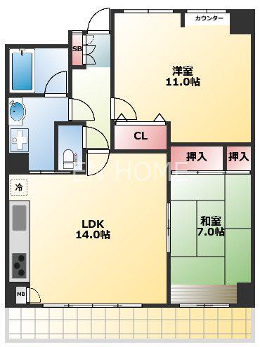 アーバンヒル上町(2LDK/14階)の間取り写真