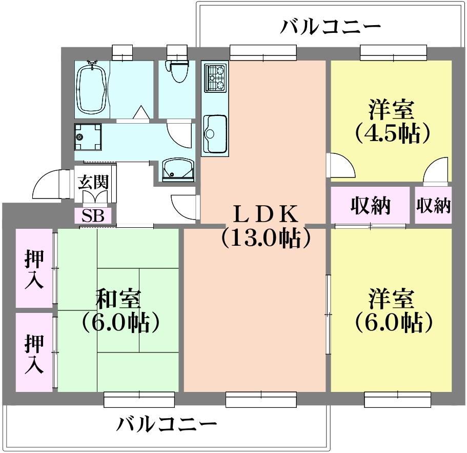 ひよどり台7団地33号棟(3LDK/3階)の間取り写真