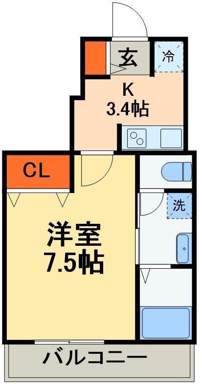 二元 SQUARE(1K/1階)の間取り写真