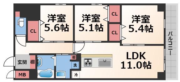 プレサンスNEO新深江リュミエル(3LDK/7階)の間取り写真