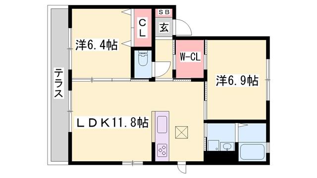シャーメゾン下河原 B棟(2LDK/1階)の間取り写真