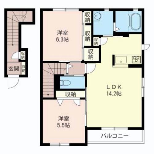 リヴィエールコートB棟(2LDK/2階)の間取り写真
