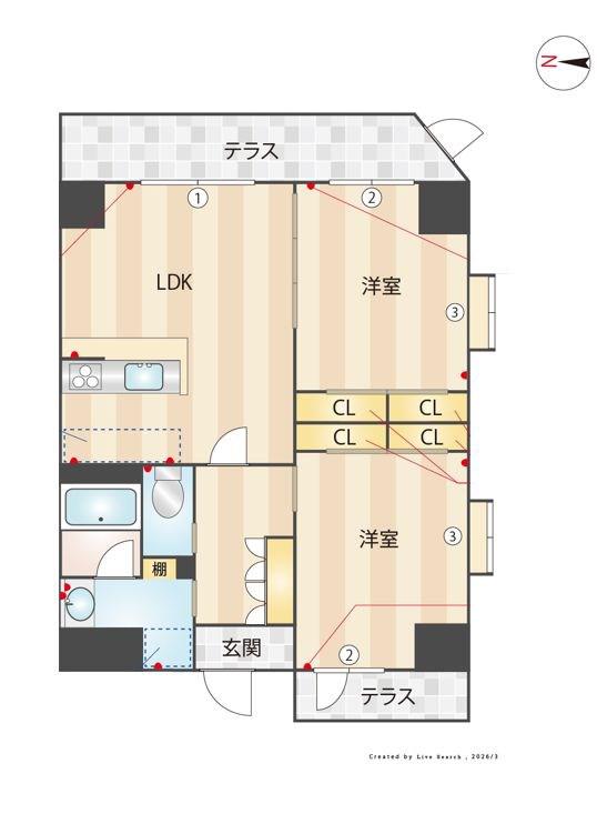 クレオン七隈(2LDK/1階)の間取り写真