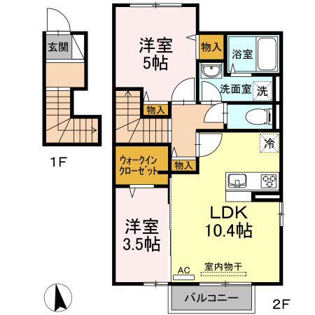 サンロード仏生山 C棟(2LDK/2階)の間取り写真