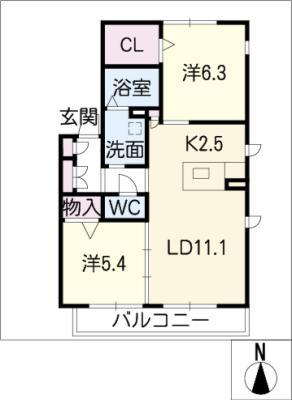 サンセール大高台B棟(2LDK/1階)の間取り写真