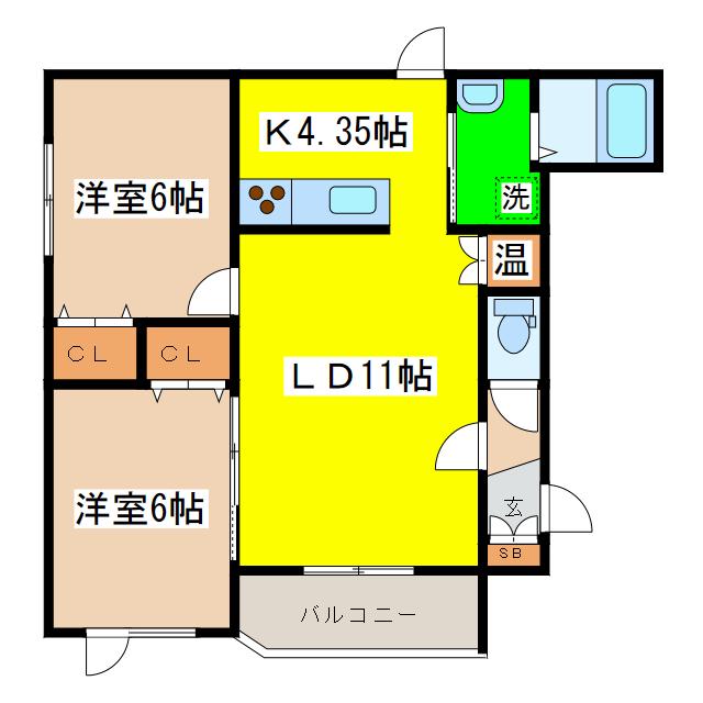 アビタ22フェライン鳥取(2LDK/1階)の間取り写真