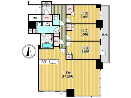 シエリアタワー千里中央(3LDK/32階)の間取り写真