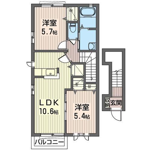 ディアコート結城B(2LDK/2階)の間取り写真