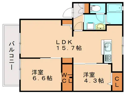 ヴィラ九産大前B(2LDK/1階)の間取り写真