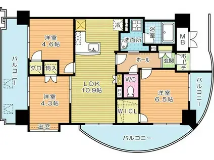 オークランドアサート小倉(3LDK/6階)の間取り写真