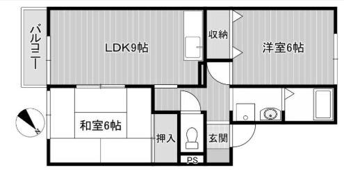 モノクローム古城(2LDK/1階)の間取り写真
