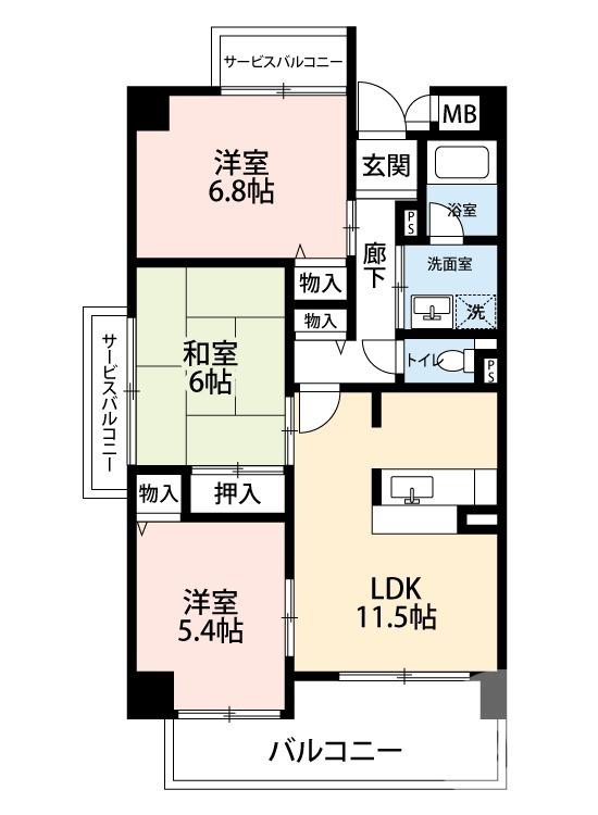 パデシオン大野芝(3LDK/4階)の間取り写真