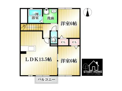 ウィルコート大松 B棟(2LDK/2階)の間取り写真