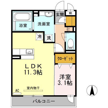 KRANE B棟(1LDK/2階)の間取り写真